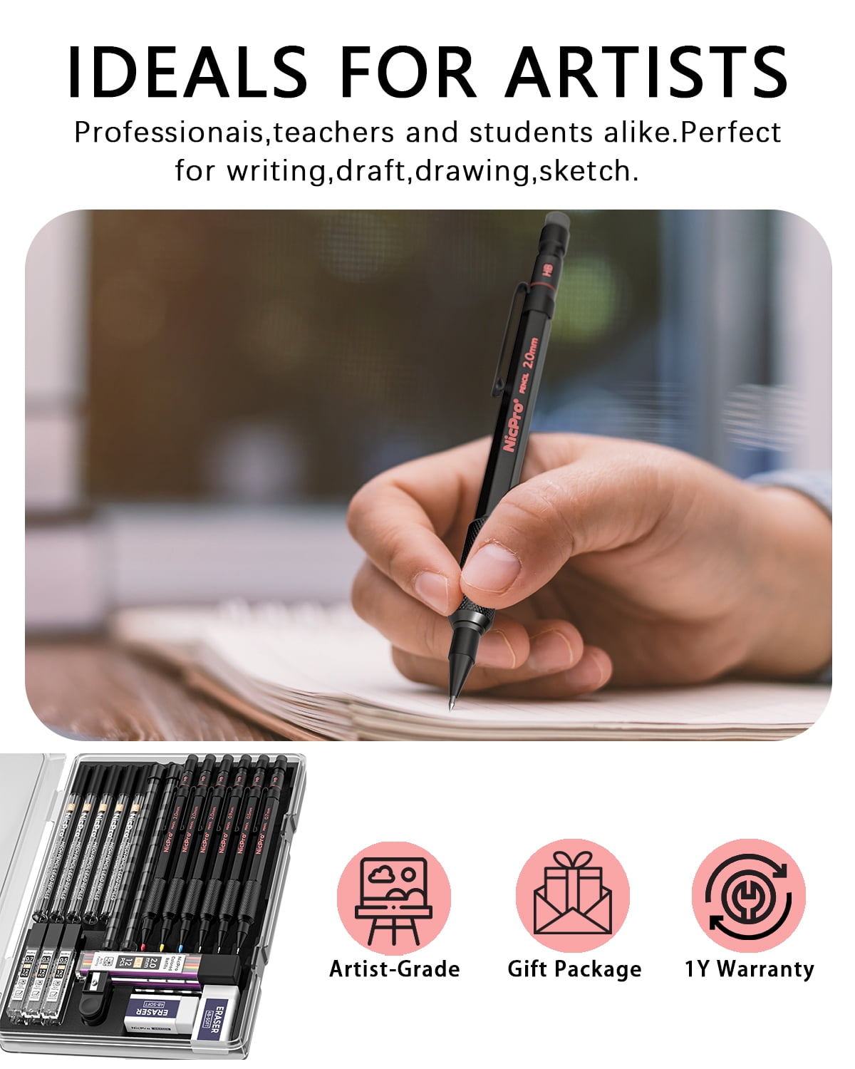 Nicpro 27Pcs Art Mechanical Pencil Set in Case, Metal Drafting Pencil 0.5, 0.7, 0.9 mm & 2mm with 13 Tube Lead Refills(4B 2B HB 2H 4H Colors) Weatherproof Barrel for Outdoor Writing Drawing Sketching