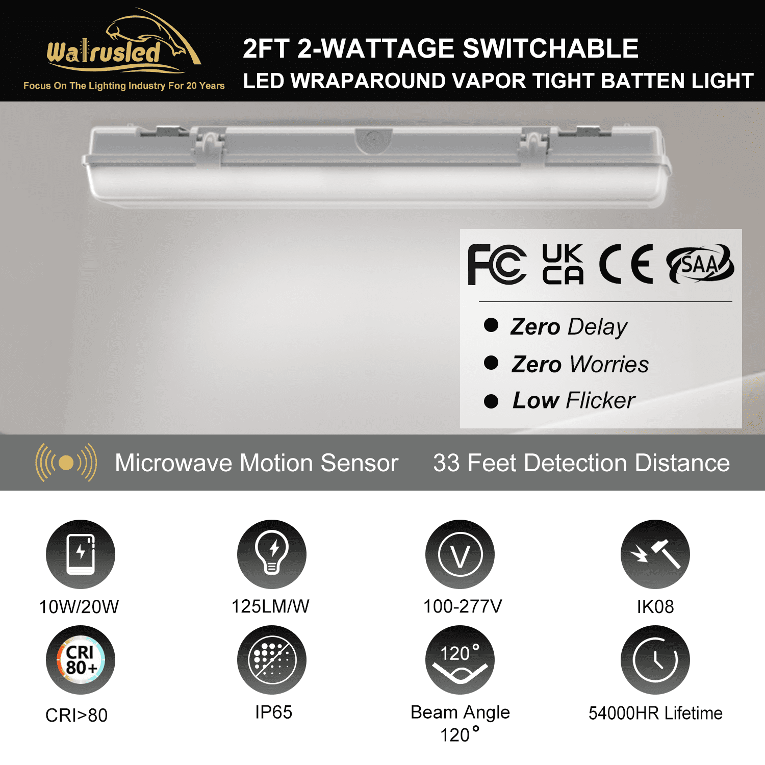2FT Tri-Level Motion Sensor LED Vapor Tight Light, IP65 IK08, 10W(1250lm)/20W(2500lm) Selectable, 5000K, 100-277V, Dimmable, Outdoor Waterproof Shop Light,Vapor Proof Lighting Fixture for Carport,FCC
