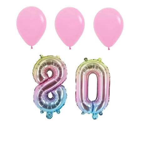 Number 80 Colorful Foil Balloon 32 Inch With 3 Pink Latex Balloons For Birthday