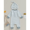 thumbnail image 3 of Infant Baby Spring Jumpsuit Outfits Stripe Print Front Button Long Sleeve Romper with Hat, 3 of 8