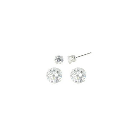 CZ Sterling Silver Basket-Set Round Stud Earrings Set, 5mm-8mm, 2 Pairs