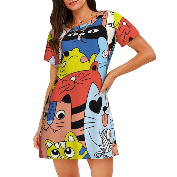 Fotbe Funny Cats Bata de Dormir para Mujer con Estampado, Camisón de Algodón de Manga Corta, Ropa de Dormir Casual
