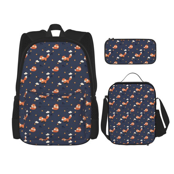 Gaeub Cartoon Fox Printed Large Capacity Backpack Lunch Bag Pencil Case Combination 3 Piece Set, School Daypack for Boys and Girls