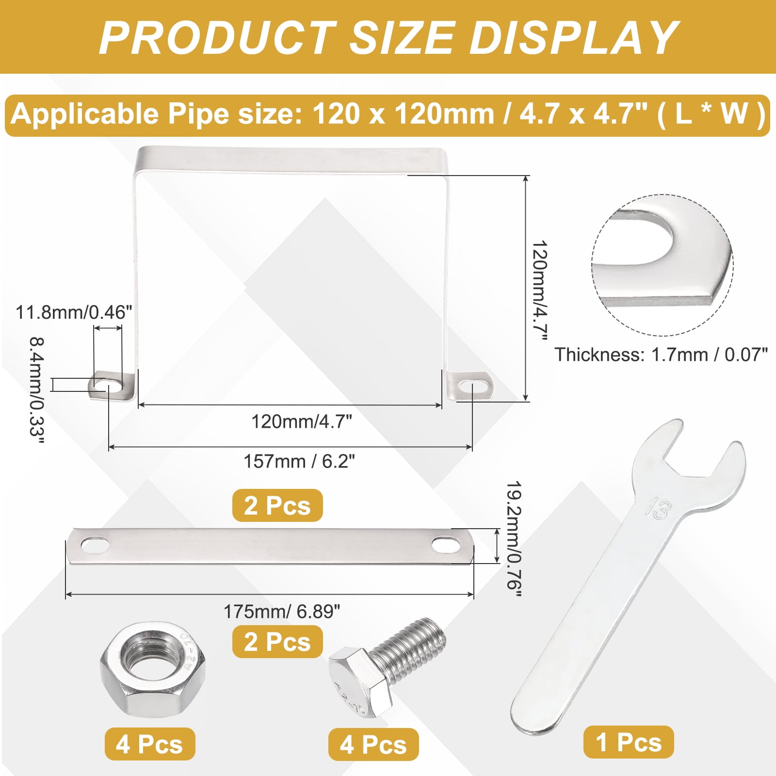 Uxcell 2Pcs U Shape Square Tube Clamp, 120x120mm U Shaped Bracket 304 Stainless Steel Square Strap Clamp with Bolt Plate Nuts and Wrench for Pipes Door Closed Bar Holder Railings