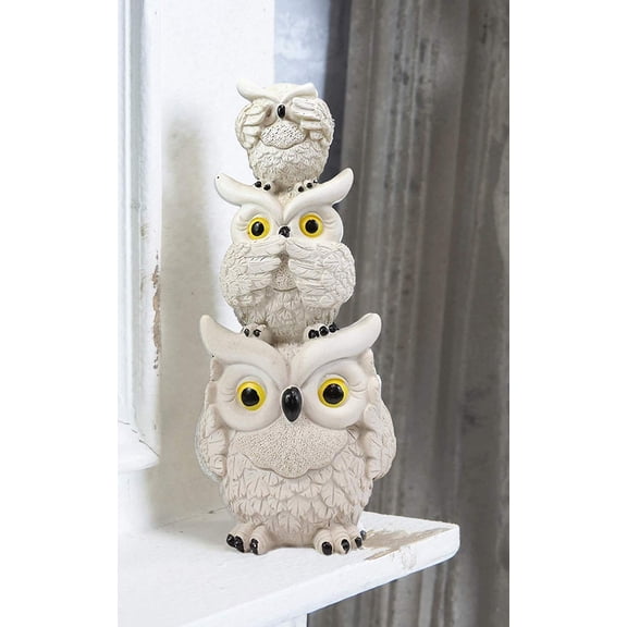 Ebros Stacked See Hear Speak No Evil Wise Fat Owls Figurine 7.5" Height (Cream)