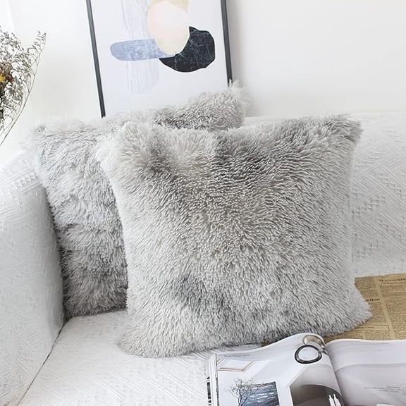 Eryueer Set of 2 45 x 45cm Faux Fur Fluffy Cushion Covers Soft Throw Pillow Case 18x18 Grey Decorative Square Plush Pillowcase for Livingroom Sofa Bedroom