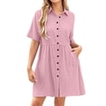 thumbnail image 2 of ClodeEU Women's Solid Color Linen Blend Short Sleeve Mini Dress,Casual Shirt Button Dress with Pockets Pink,Womens Plus XXL, 2 of 6