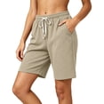 thumbnail image 3 of Women's Knit Elastic Waist Shorts with Pockets, Drawstring Casual Summer Bottoms, Soft Stretchy Fabric, Loose Fit, Lounge Athletic Gym Hiking Travel, Womens | VerBelle,Khaki L, 3 of 7