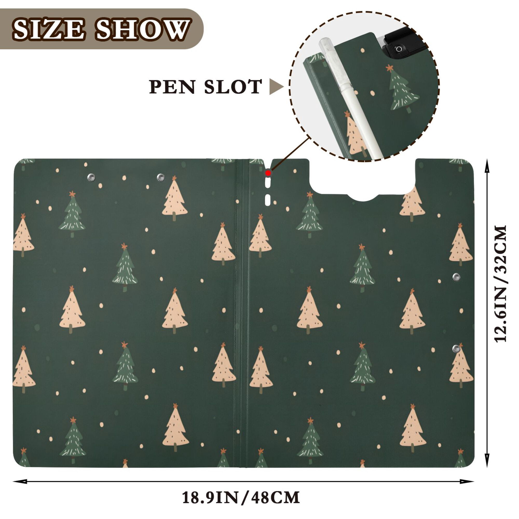 FORMRS A4 Clipboard Folder with Pen Holder Horizontal Foldable School Office Binder, Pink Christmas Trees