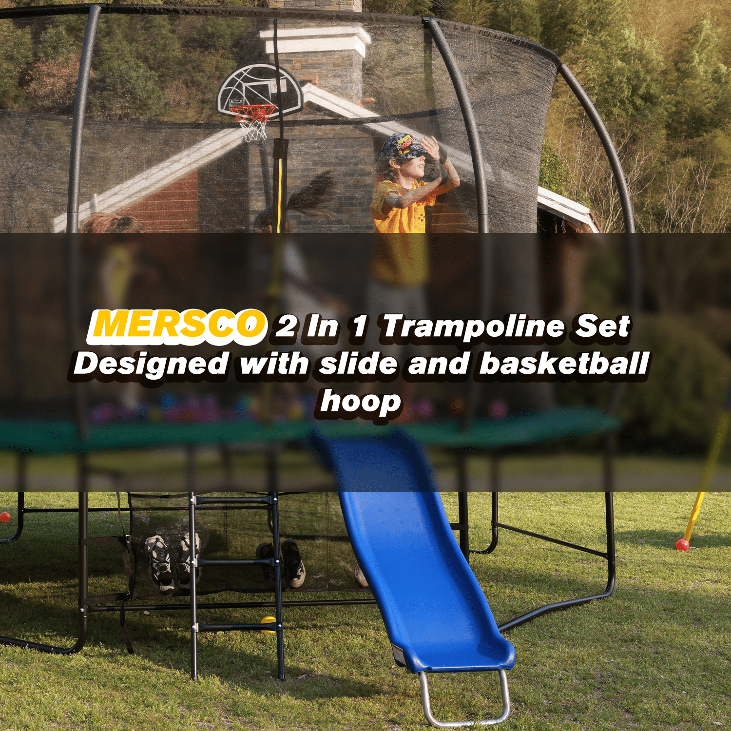 Mersco 8FT Heavy Duty Trampoline with Enclosure Net , Slide Outdoor Big Trampoline for Backyard,Kids Trampoline with Basketball Hoop,Birthday and Holiday Gifts for Kids,Blue