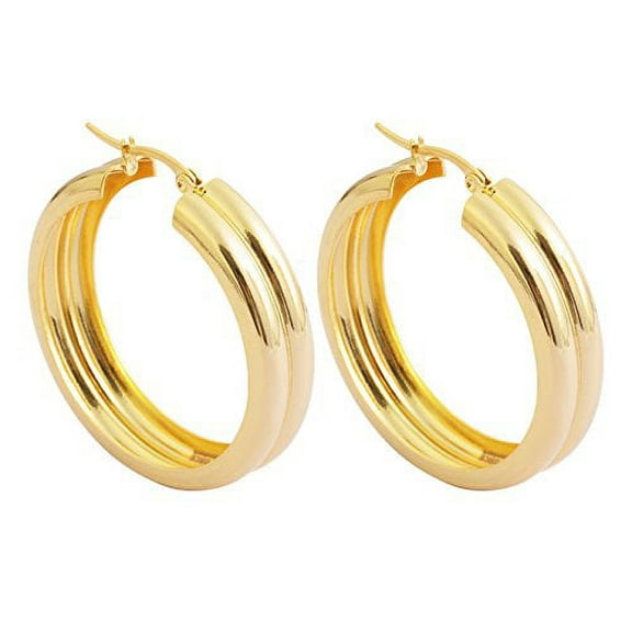 Edforce Womens 18k Gold Plated Double Round Hoop Earrings, (6mm x 25mm)