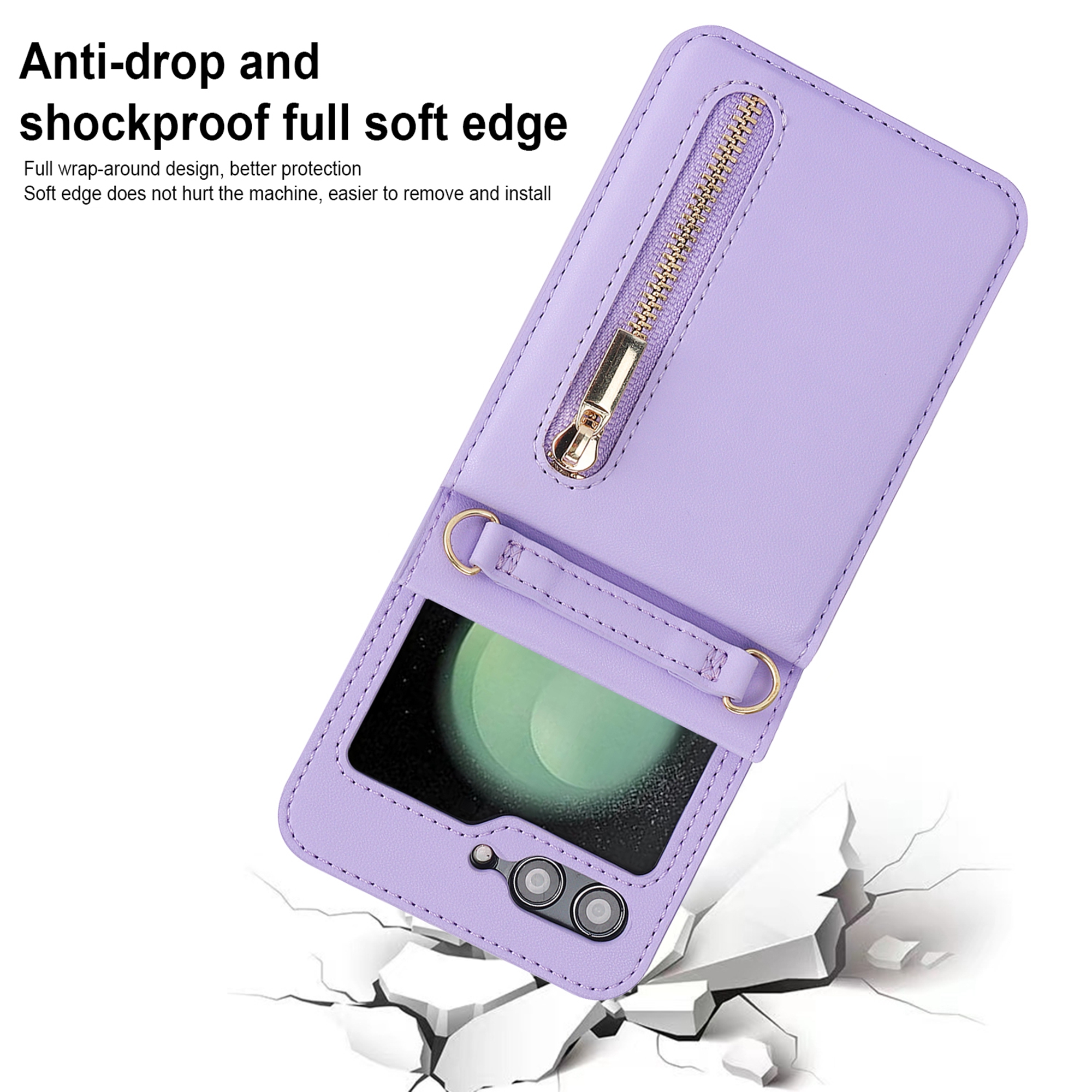 Decase for Samsung Galaxy Z Flip 5 Luxury Zipper Wallet Phone Case, Multi-Function Kickstand Card Holder Adjustable Fashion Flip Cover Case with Crossbody Strap for Samsung Z Flip 5 5G,Purple
