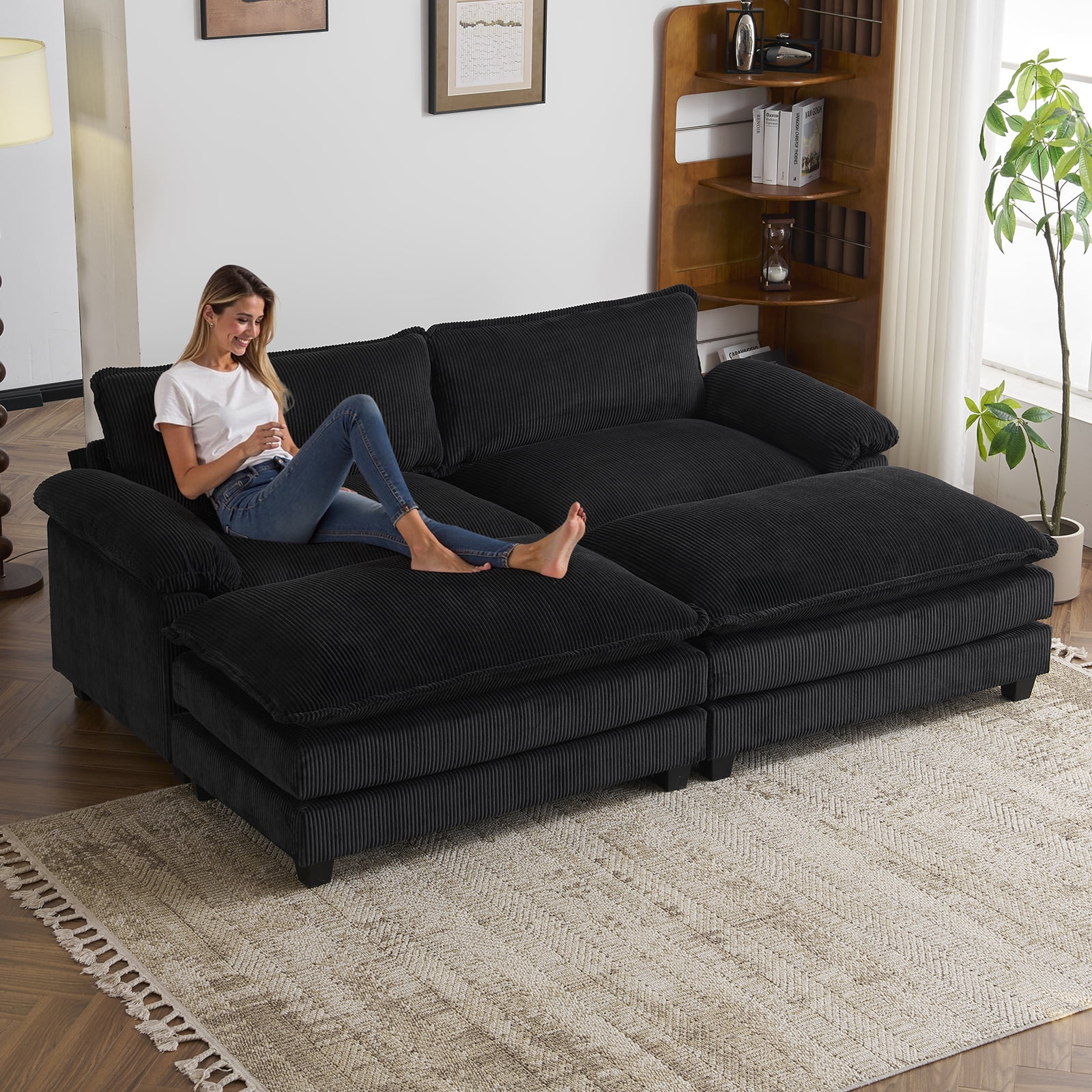 Zimtown 90“ Sofa Bed Couch with Pillow Arms and Double Layer Cushions, Corduroy Loveseat Sofa with Removable Ottoman for Living Room, Black