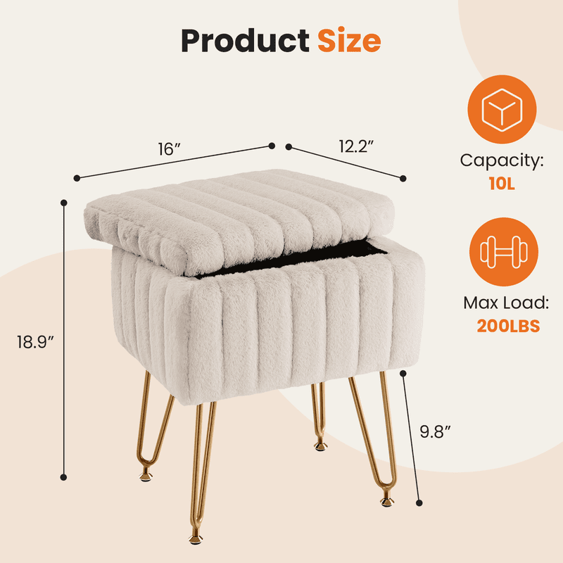Gianna Square Ottoman with Storage, Makeup Cute Soft Small Footstool, Modern Style Faux Fur Seat with 4 Metal Legs & Adjustable Feet for Dressing, Living Room Bedroom Dorm, Camel
