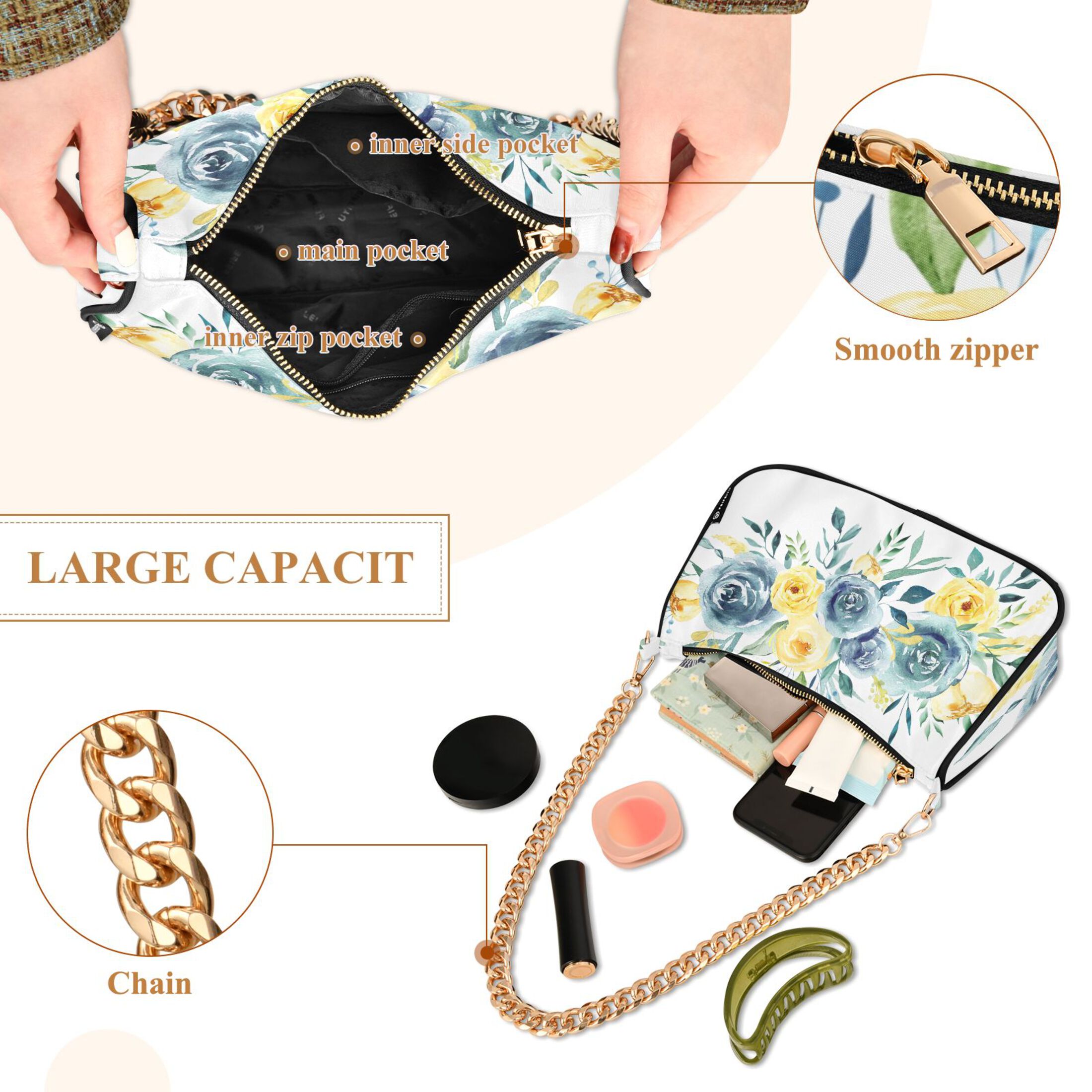 Turquoise Teal Yellow Boho Flowers Womens Chain Shoulder Bag Tote Handbag Clutch Hobo Purse with Zipper for Travel Casual