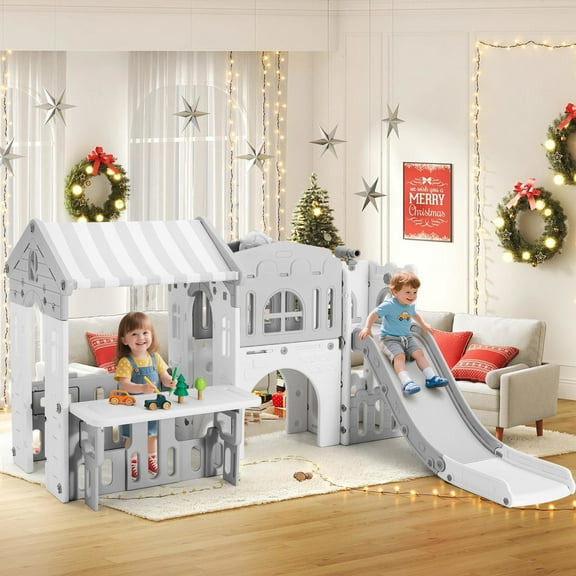 Freestanding 9IN1 Toddler Slide Playset with Playhouse,Kids Climber Playground,w/Basketball Hoop,Telescope,Indoor Outdoor Toys,Xmas Gift(Gray&White)