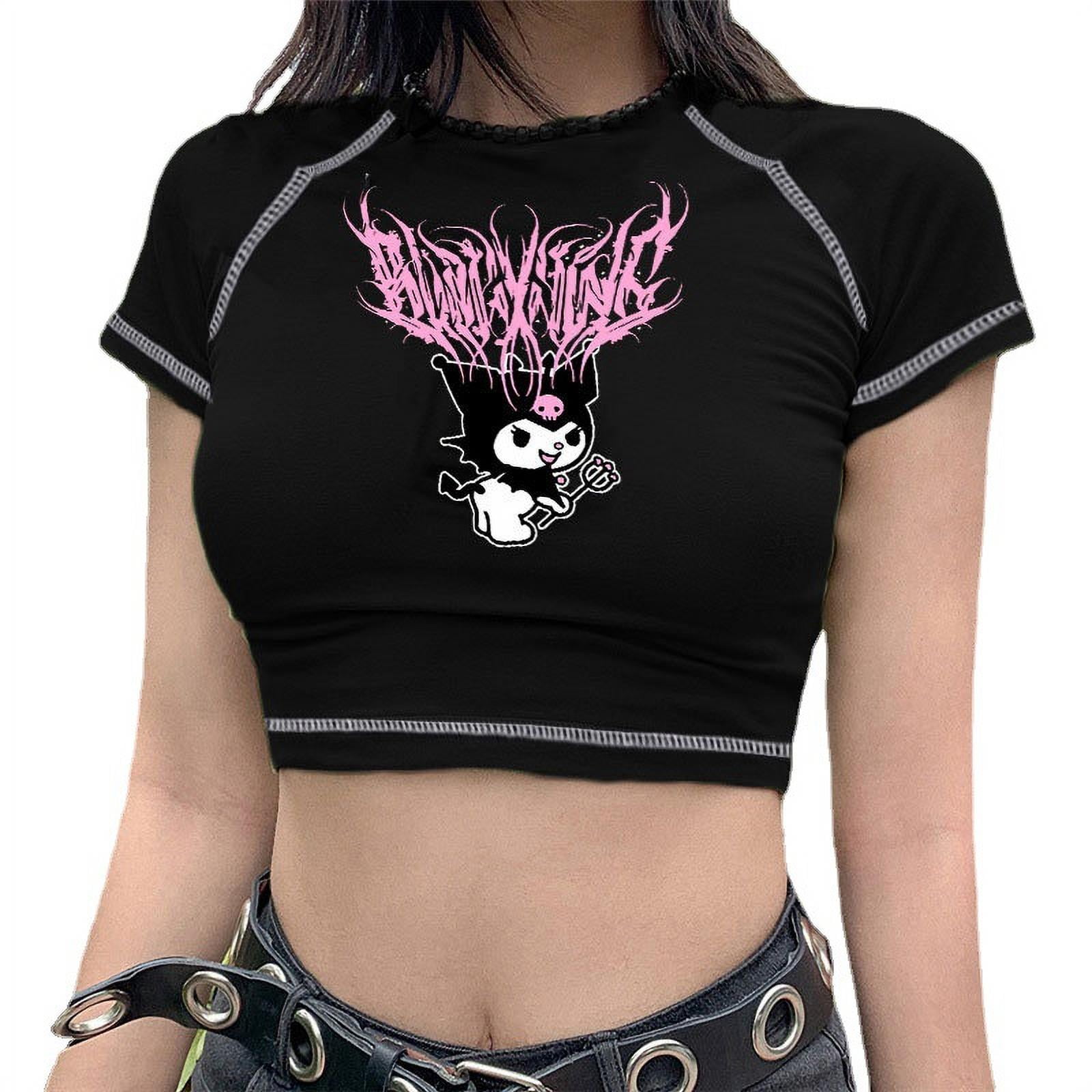 New Women's Summer Graphic Printing Slim Shirt Stitch Crop Tops Gothic Y3K  Harajuku Style O Neck Short Sleeve T Shirts - Walmart.com