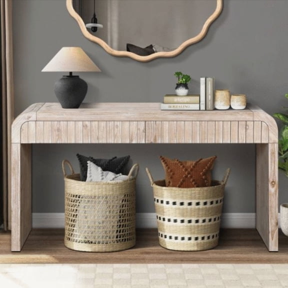 59'' Vintage Crafted Table with Two Hidden Drawers. Farmhouse Console for Entrance, Dining & Living. Easy Assembly (Natural Wood Washed)