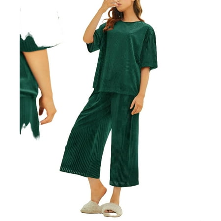 

Elegant Plain Round Neck Pant Sets Dark Green 3/4 Sleeve Women Pajama Sets