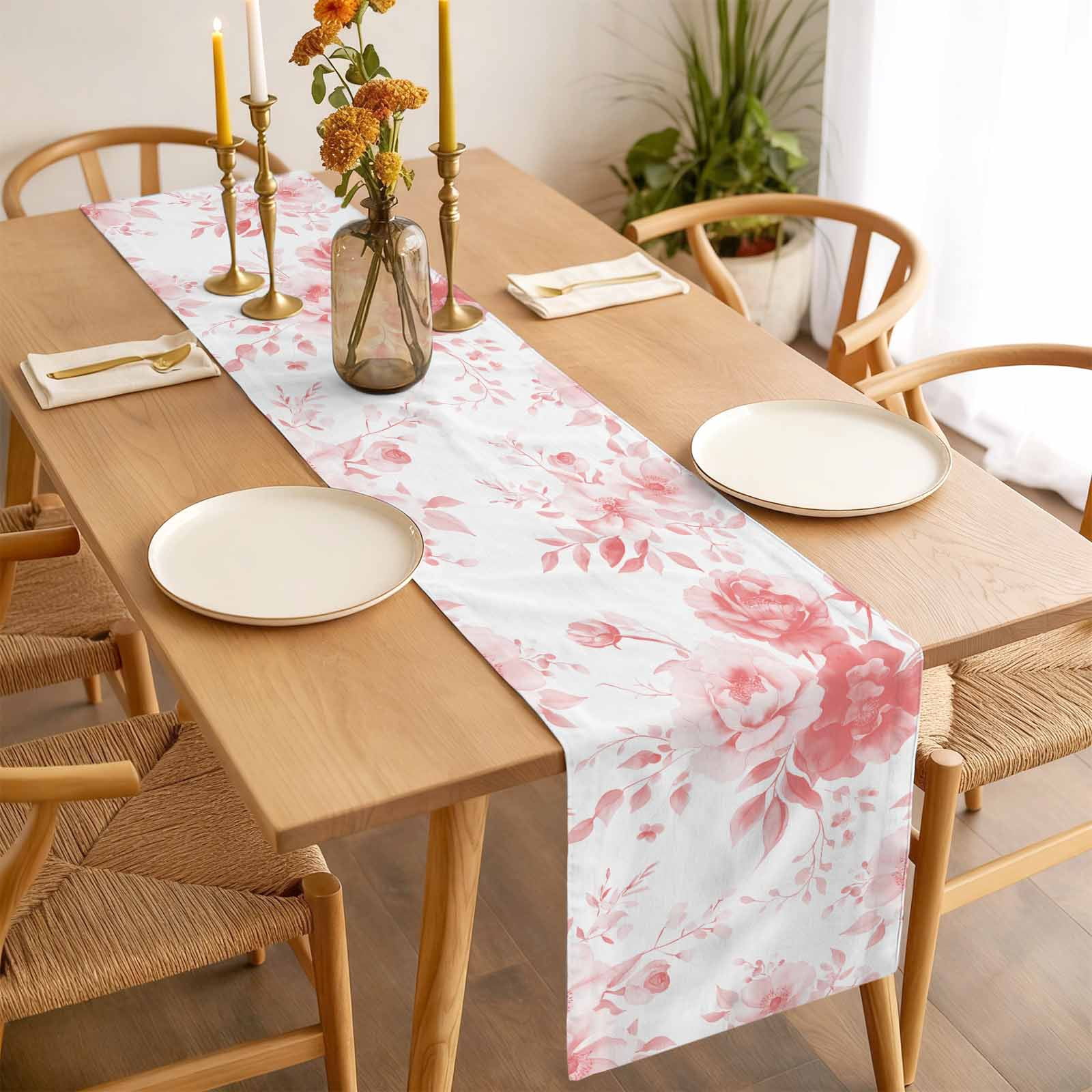 Spring Floral Cotton Linen Table Runner Classic Pink Gradient Flowers Dining Table Runners for Home Decor Party Dining Room Restaurant Kitchen 13" x 120"