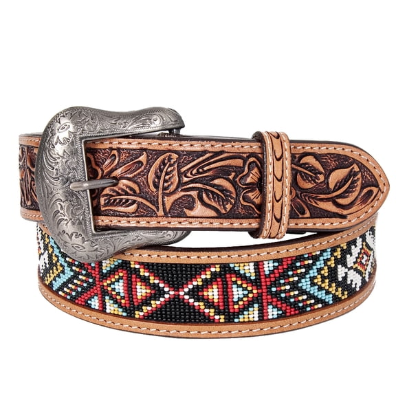 Bar H Equine Hand Carved Western Leather Belt Men Women Beaded Medium