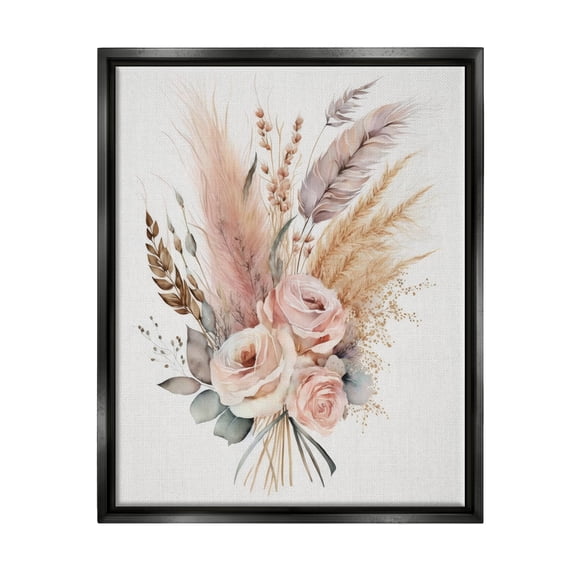 Stupell Industries Boho Feathers & Roses Botanical & Floral Painting Black Floater Framed Canvas Art Print Wall Art, 17 x 21
