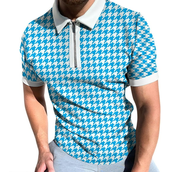 Mens Suit Adult Male Haptic Suits Men's Spring Summer Top Short Sert Zipper Lapel Short Sleeve Houndstooth Print Fashion Casual Clothes(Sky Blue,3XL)