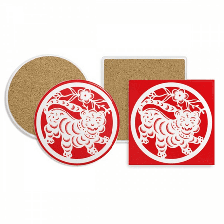 

Paper-cut Tiger Animal China Zodiac Art Coaster Cup Mug Holder Absorbent Stone Cork Base Set