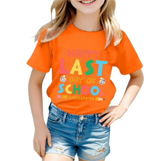 NINGMENG T-Shirts et Hauts pour Filles Enfants Été Rentrée des Classes Imprimé de Lettres Col Rond Manches Courtes Coupe Ample Décontracté T-Shirts Tenue Quotidienne, Orange, 6-7 Ans