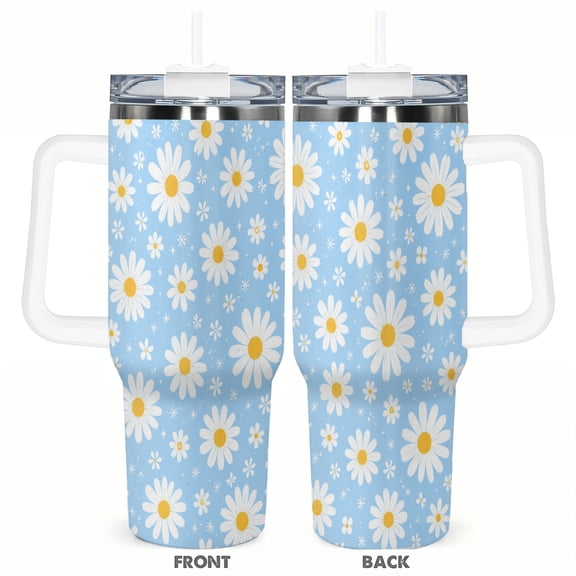 40oz Blue Daisy Floral Travel Tumbler Insulated Car Cup with Handle Straw Stainless Steel Large Capacity Coffee Cup Summer Garden Gift