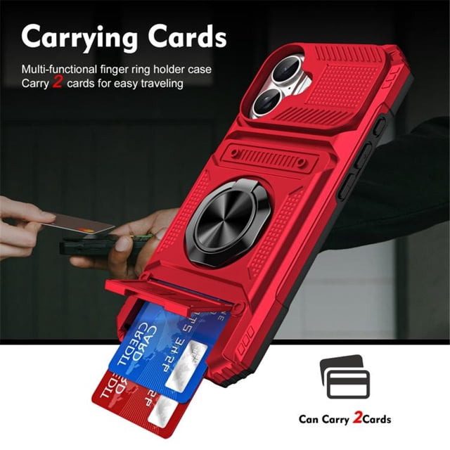 For Apple iPhone 17 Phone Case with Finger Ring Holder Kickstand, Card Slots,Heavy Duty Shockproof Rugged Protective Working with Magnetic Car Phone Mount,Red,For iPhone 17