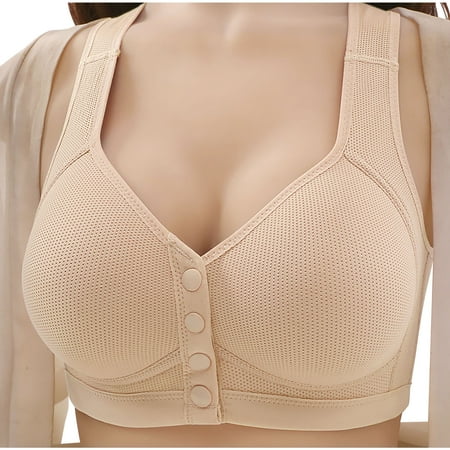 Crunowin Women s Seamless Bra Wireless Front Button Closure  Solid Color Soft Casual Comfort Bras Beige 36