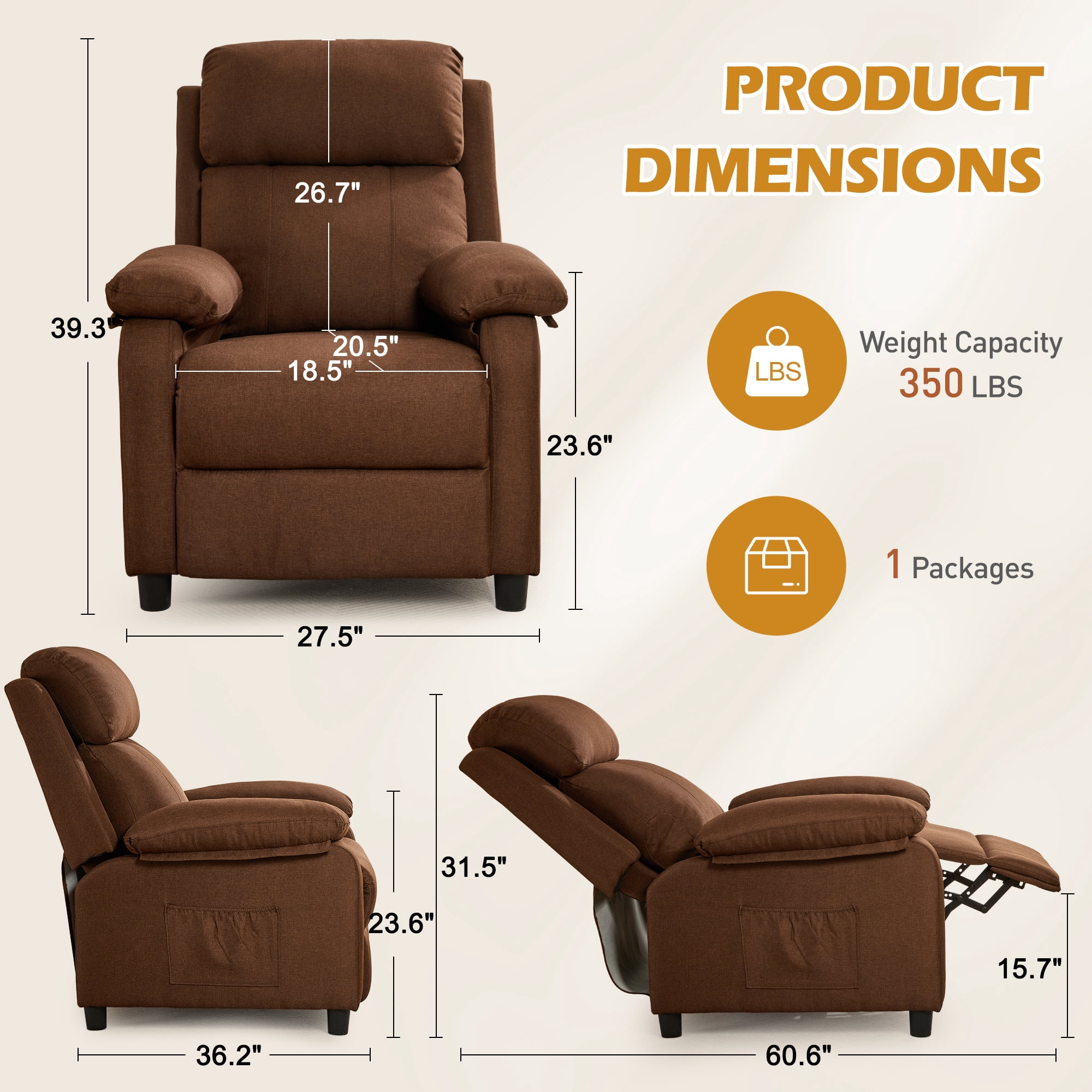 Korser Manual Push Back Recliner Chair with Side Pockets,Recliner Chairs for Adults for Living Room,Small Recliners for Small Spaces,Linen,Brown