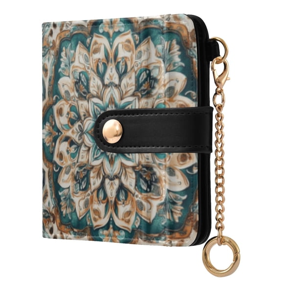 Qxltty Greenish Brown Boho Pattern Ladies Wallet Rfid Slim Thin Compact Credit Card Women Wallet Zipper Coin Pocket and ID Window for Female Gifts