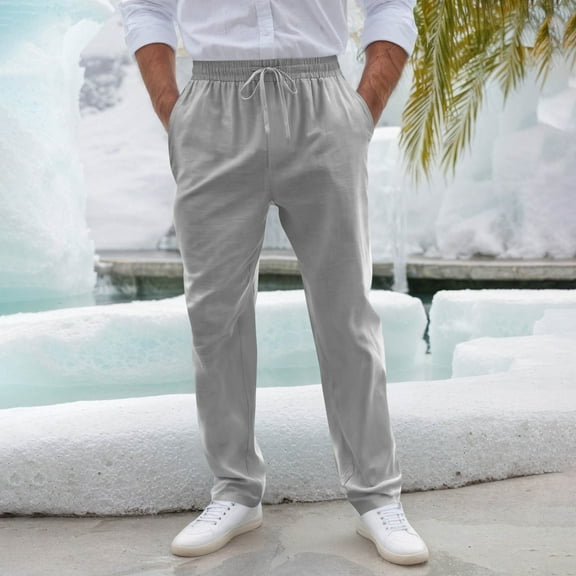 Men's Solid Color Casual Straight Leg Long Pants Drawstring Elastic Waist Trousers with Pocket New Mens Travel Pants Wide Leg Gray XL