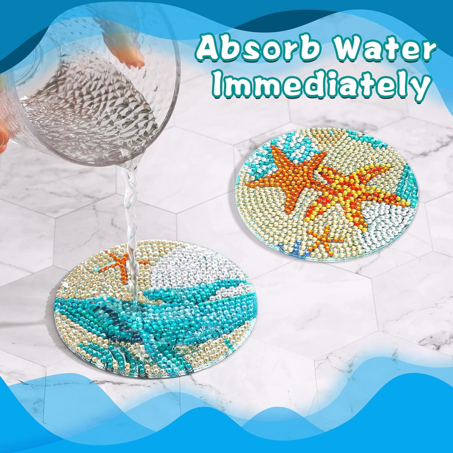 Goyunwell 8Pcs Ocean Diamond Art Painting Coasters Kits with Holder Diamond Art Non Slip Coaster Kits DIY with Holder Crafts for Adults Diamond Art Painting Kits Supplies for Christmas Gift