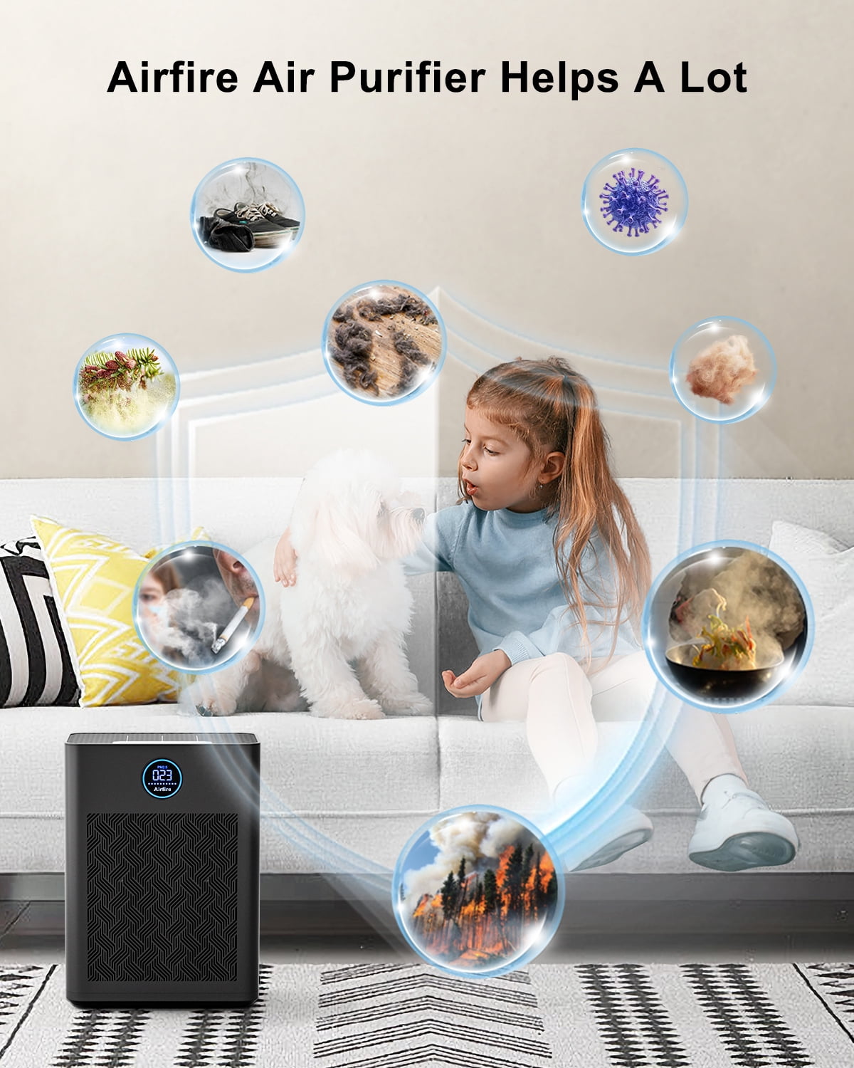 2025 Upgraded Air Purifier for Home Large Room 2300Ft² with Washable Pre-filter, H14 True Hepa Air Purifiers for Bedroom, for Pets Hair Pollen Odor Dander Dust Wildfire, Black