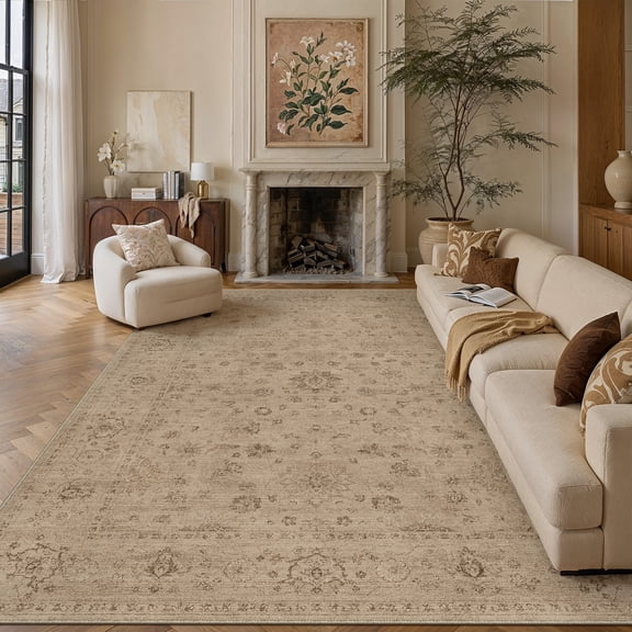 BERTHMEER 8'x10' Large Area Rugs for Living Room Bedroom Dining Room Office Oriental Floral Vintage Farmhouse Machine Washable Non-slip Traditional Distressed Carpets, Brown