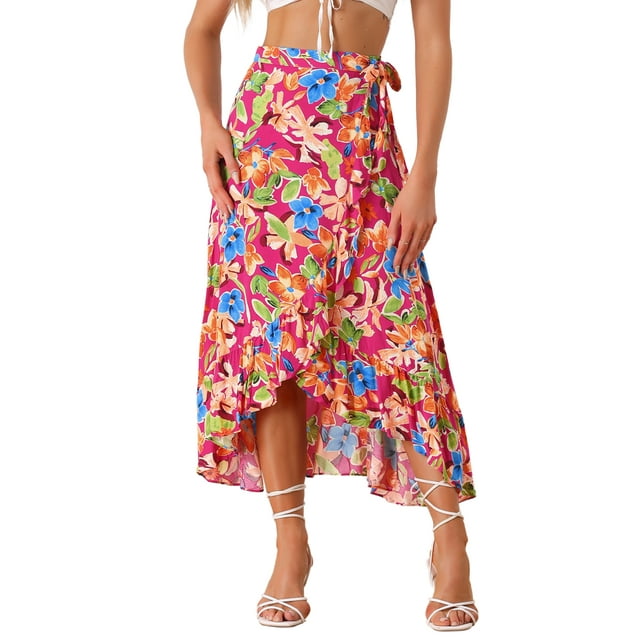 Falda Tropical Floral con Volantes para Mujeres INSPIRE CHIC, con Nudo Autoadhesivo, Falda de Playa Hawaiana, Rosa Fucsia XL