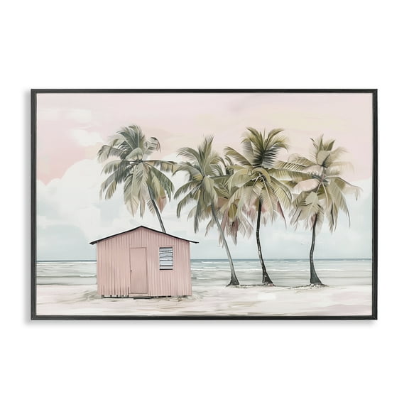 Stupell Industries Pink Beach Hut & Palms Nautical & Beach Painting Black Framed Art Print Wall Art, 18 x 12