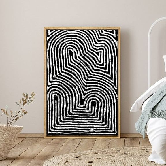 PixonSign Framed Canvas Print Wall Art Flowing Swirling Lines Abstract Shapes Illustrations Minimalism Contemporary Dramatic Black and White for Living Room, Bedroom, Office - 24"x36" Natural