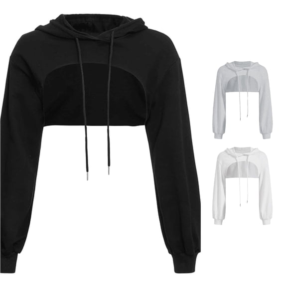 Trendfront Womens Cropped Hoodie Long Sleeve Solid Color Drawstring Casual Pullover Top for Women Hooded Hooded Sweatshirt