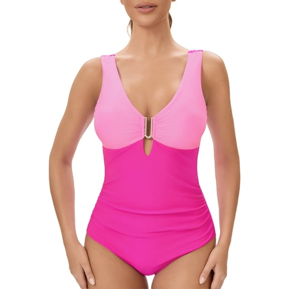 FEOYA One Piece Swimsuit for Women Tummy Control Cutout Bathing Suits V Neck Ruched Swimwear Slimming Swimwear Patchwork Swimming Clothes Summer Athletic Beach Outfit Built in Bra L