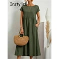 thumbnail image 2 of Lindbes Robe Maxi Élégante Unie pour Femmes Été à Manches Courtes Col Rond Vintage Harajuku Coton Lin Ample Robe d'Été Y2K avec Poches Longue Robe, 2 of 7