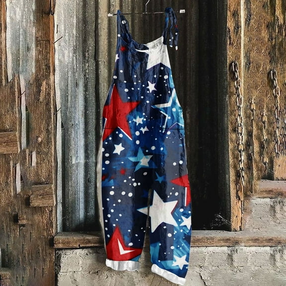 DDAPJ pyju American Flag Jumpsuit for Women 4th of July Patriotic Romper 2025 Summer Adjustable Straps Linen Overalls Loose Wide Leg Onesie Pants with Pockets Limited Time Sales Navy M