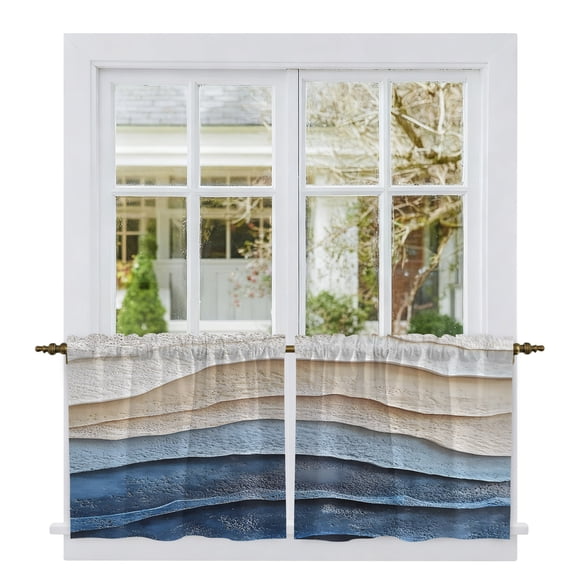 Blue Beige Tier Curtains, Coastal Wave Modern Abstract Art Light Filtering Kitchen Curtains, 2Pcs Rod Pocket Half Window Treatments Panels for Sink Cafe Cabinet Camper 27.5x36 Inches