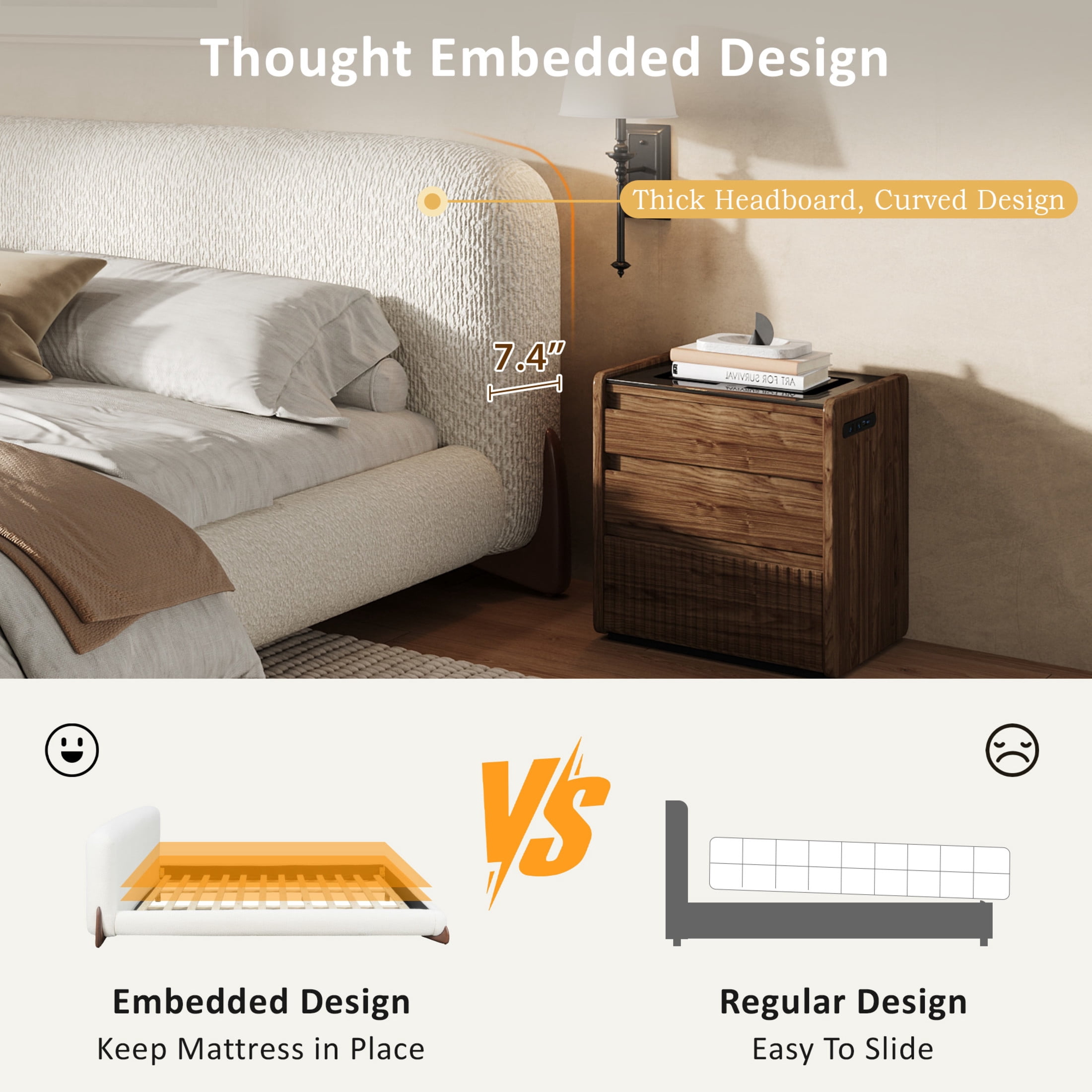 Christopher Knight Home California King Boucle Upholstered Platform Bed with Thick Headboard, White