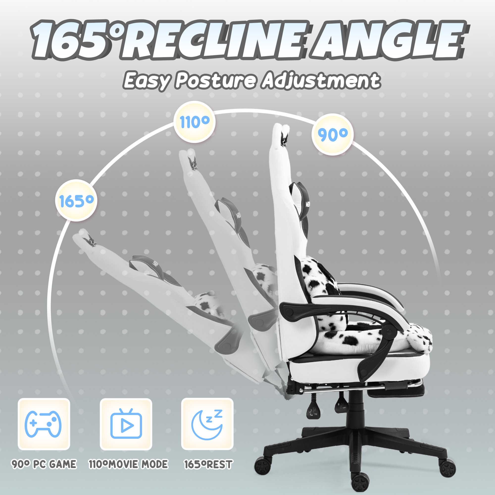 GOOSEA Cute Cat Ear Gaming Chair with Paw Print Lumbar Support and Cushion, Ergonomic Computer Desk Chair with Footrest, Reclining PC Game Chair for Girls and Women, 300lbs, Black and White