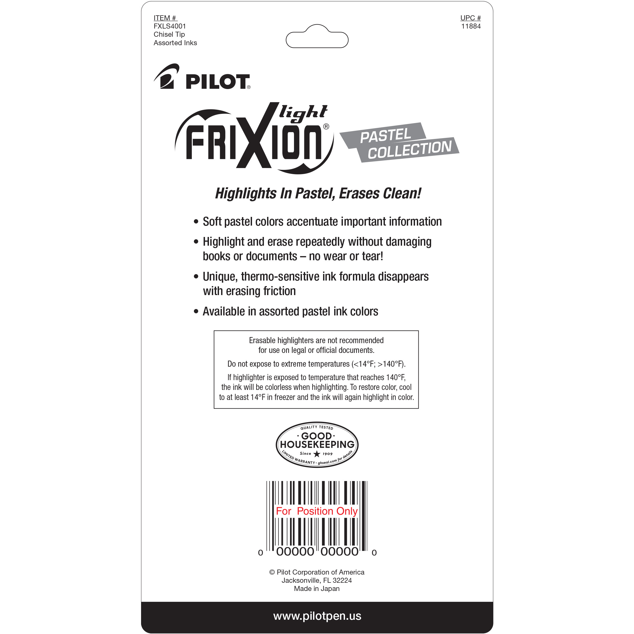 Resaltadores borrables Pilot FriXion colección pastel claro, punta biselada, colores surtidos, 4 piezas 4