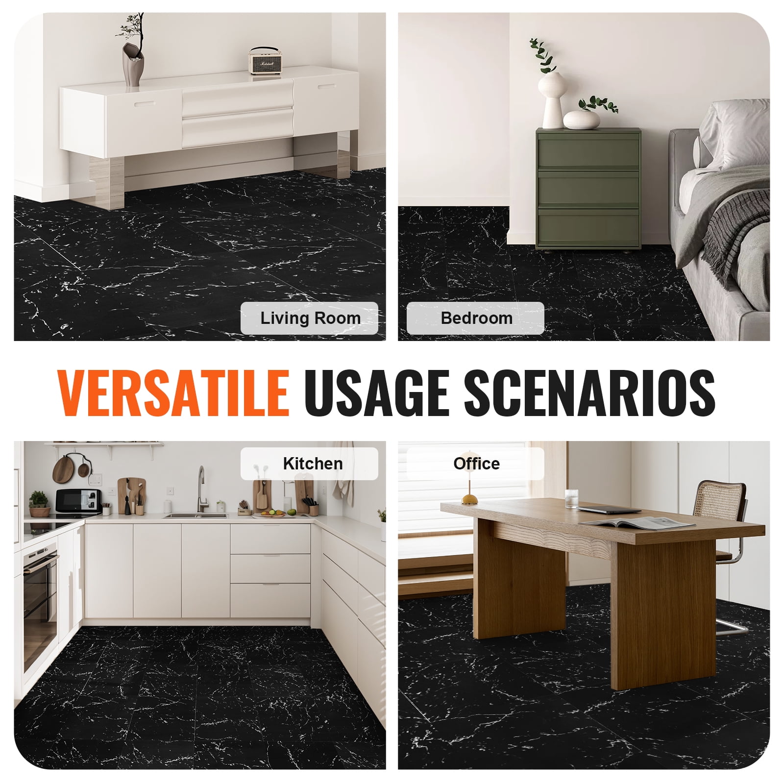 KFFKFF Stick-On Vinyl Floor Tiles, Dimensions 12x12 inches, Pack of 50, 1.5mm Thickness, Black Marble Design, Ideal for DIY Kitchen, Dining Area, Bedroom & Bathroom Flooring